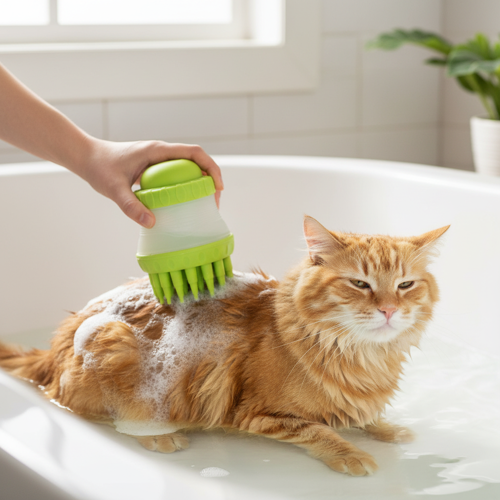 2-in-1 silicone pet washing brush with green shampoo dispenser, rubber bristles