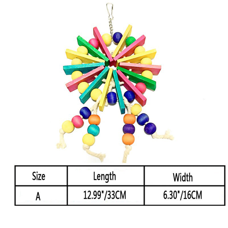 Parrot nibble toy: rainbow fan-style chew with dangling wooden bead strands