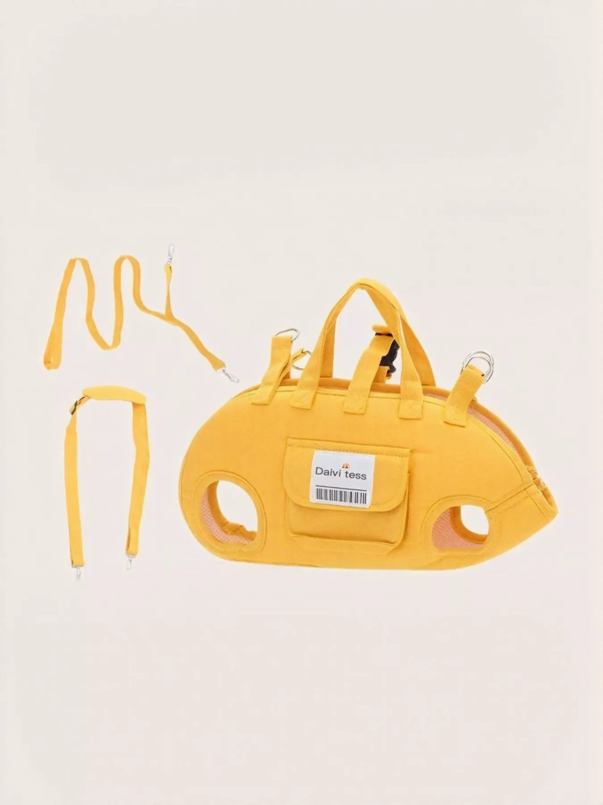 Yellow portable pet carrier harness kit with shoulder strap and front ID pocket