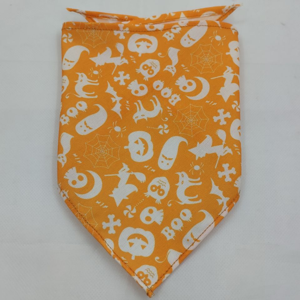 Pet triangle bandana scarf, orange with white ghosts, bats, pumpkins, and spiderwebs