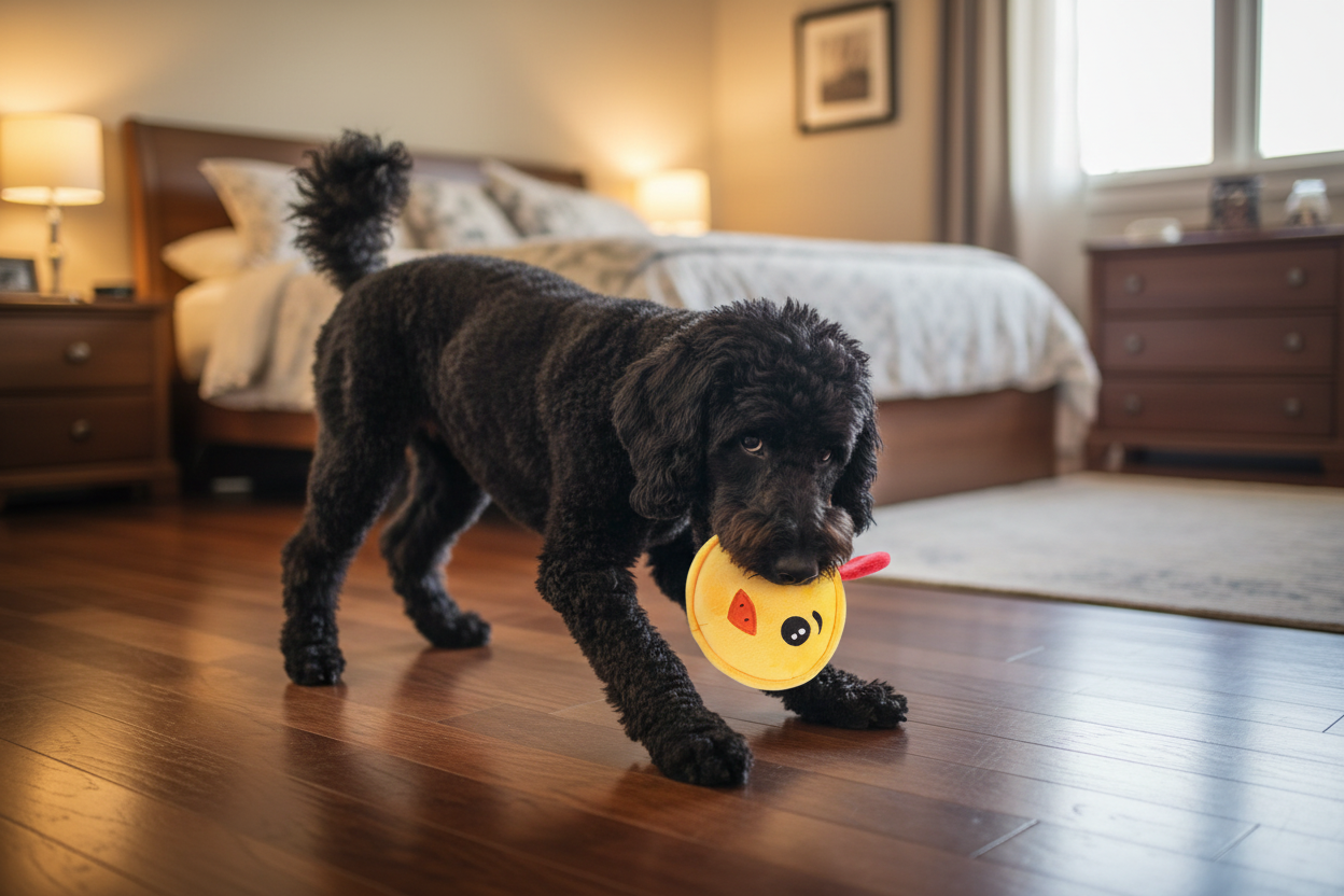 Vocal teething plush toy with a yellow duck face and red beak