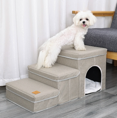 Beige padded dog stairs with three steps and a side entrance bed
