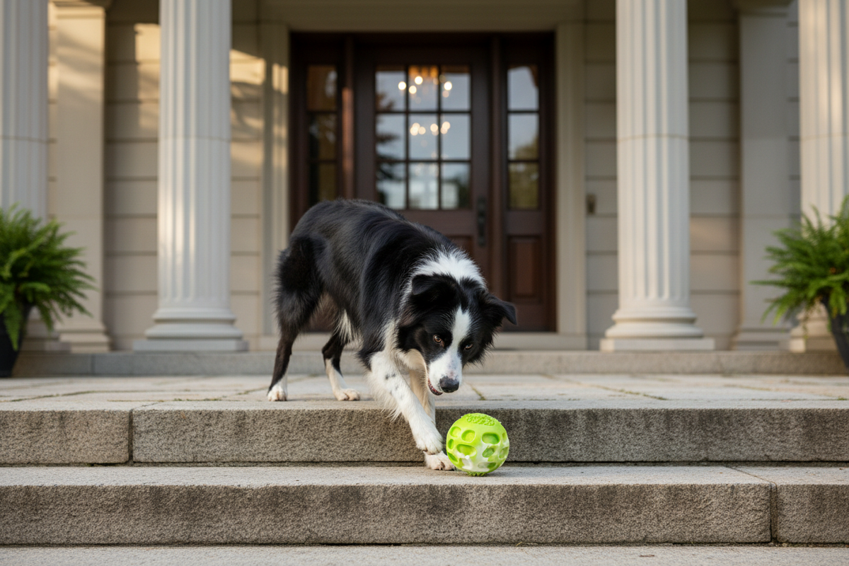 Hond met groene rubber kauwbal op traptreden, ronde holtes en noppen