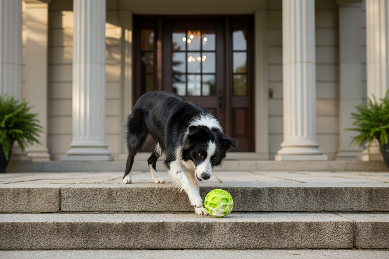 Hond met groene rubber kauwbal op traptreden, ronde holtes en noppen