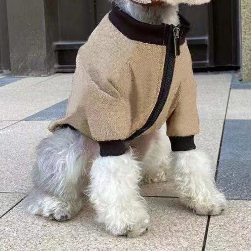 Khaki pet jacket hoodie detail view: front zip, dark collar, and ribbed cuffs on dog.