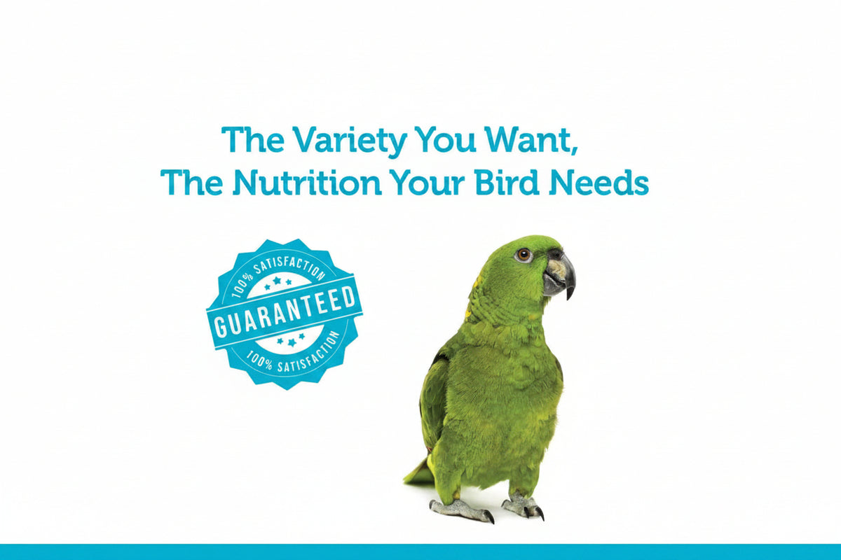 Bird seed mix bag front with green parrot and quality guarantee badge