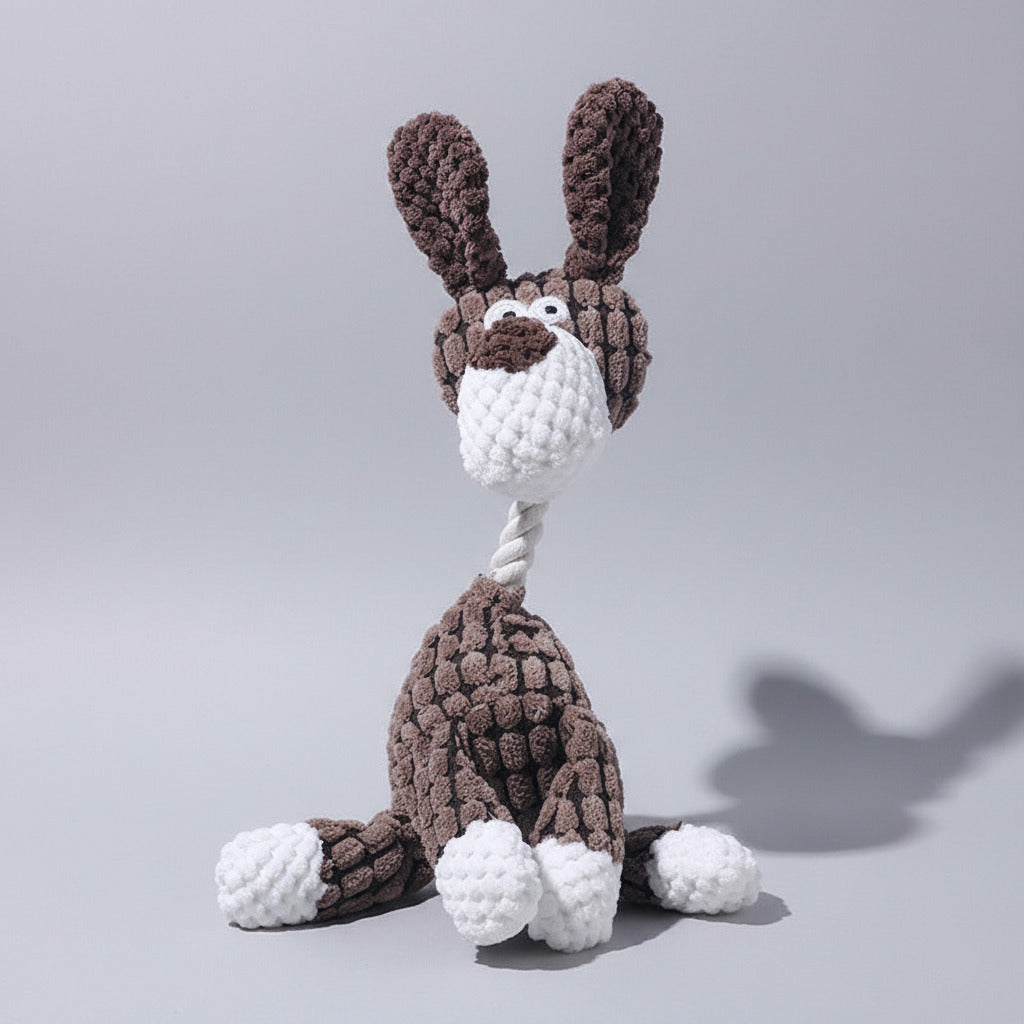 Plush rabbit toy with brown textured pattern, white belly, and long ears.