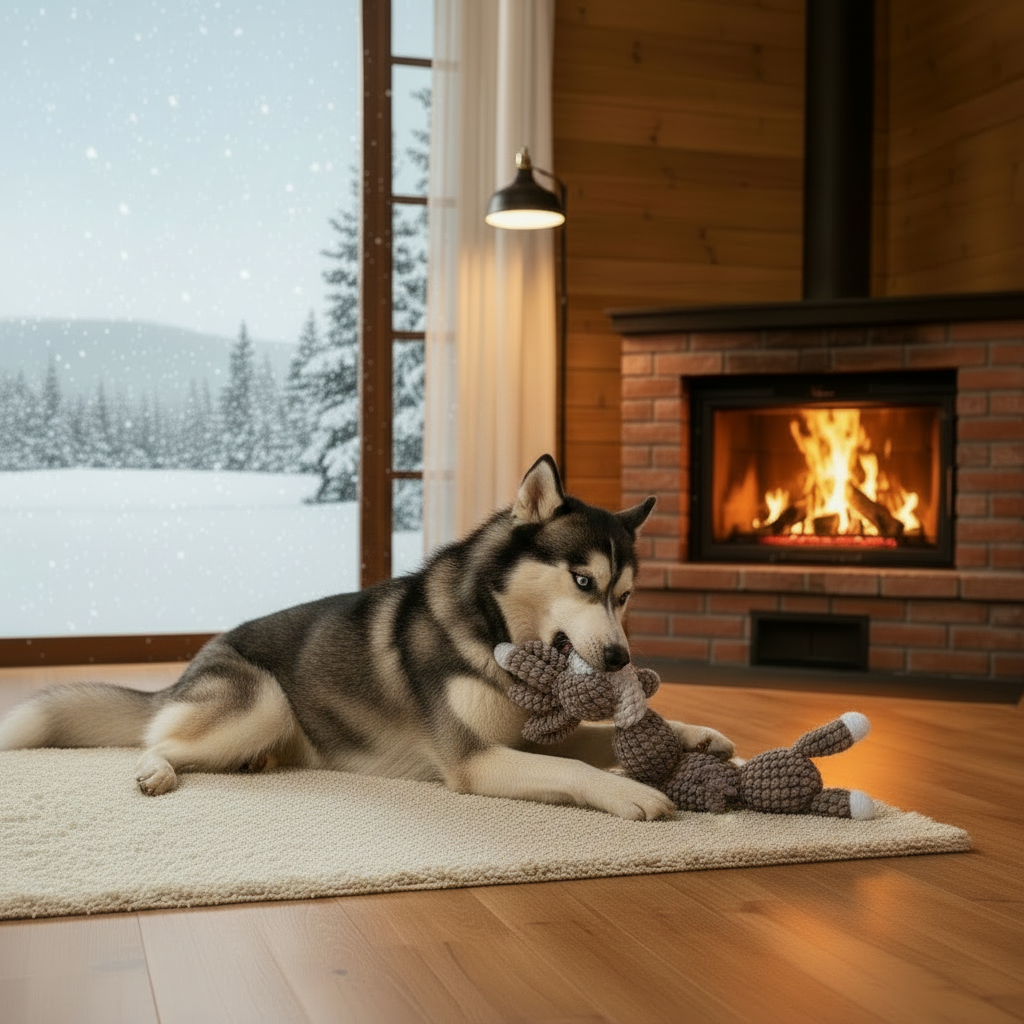 Plush dog toy with gray fabric and textured ears, lying on a light rug.