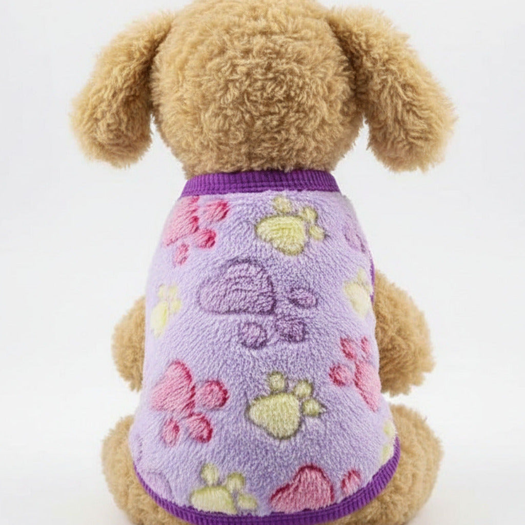 Pet fleece vest in lavender with multicolor paw and star prints