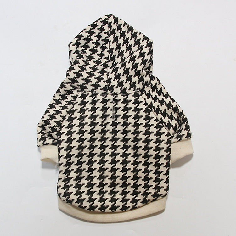 Dog hooded houndstooth shirt, black-and-white pattern with light cuffs
