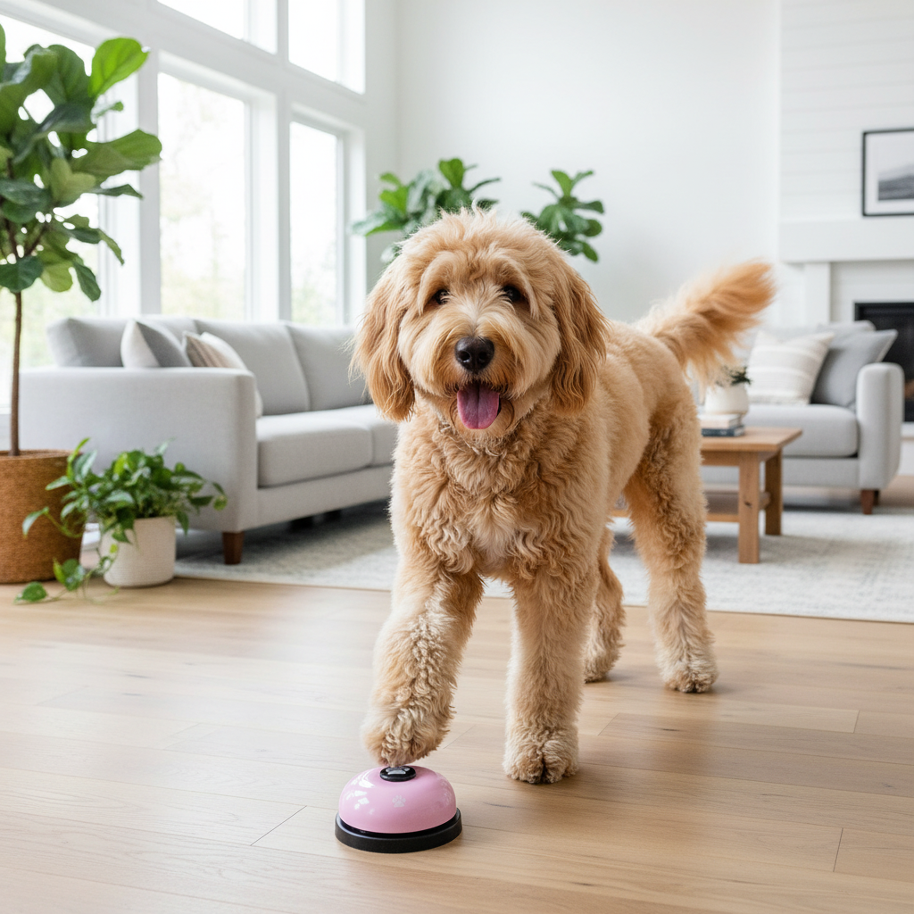 Dog using a pink pet training bell with black base and paw button