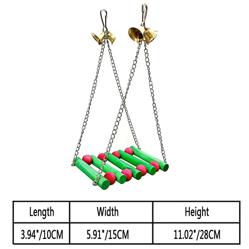 Parrot nibble toy: hanging wooden bar chew with green beads and gold bells