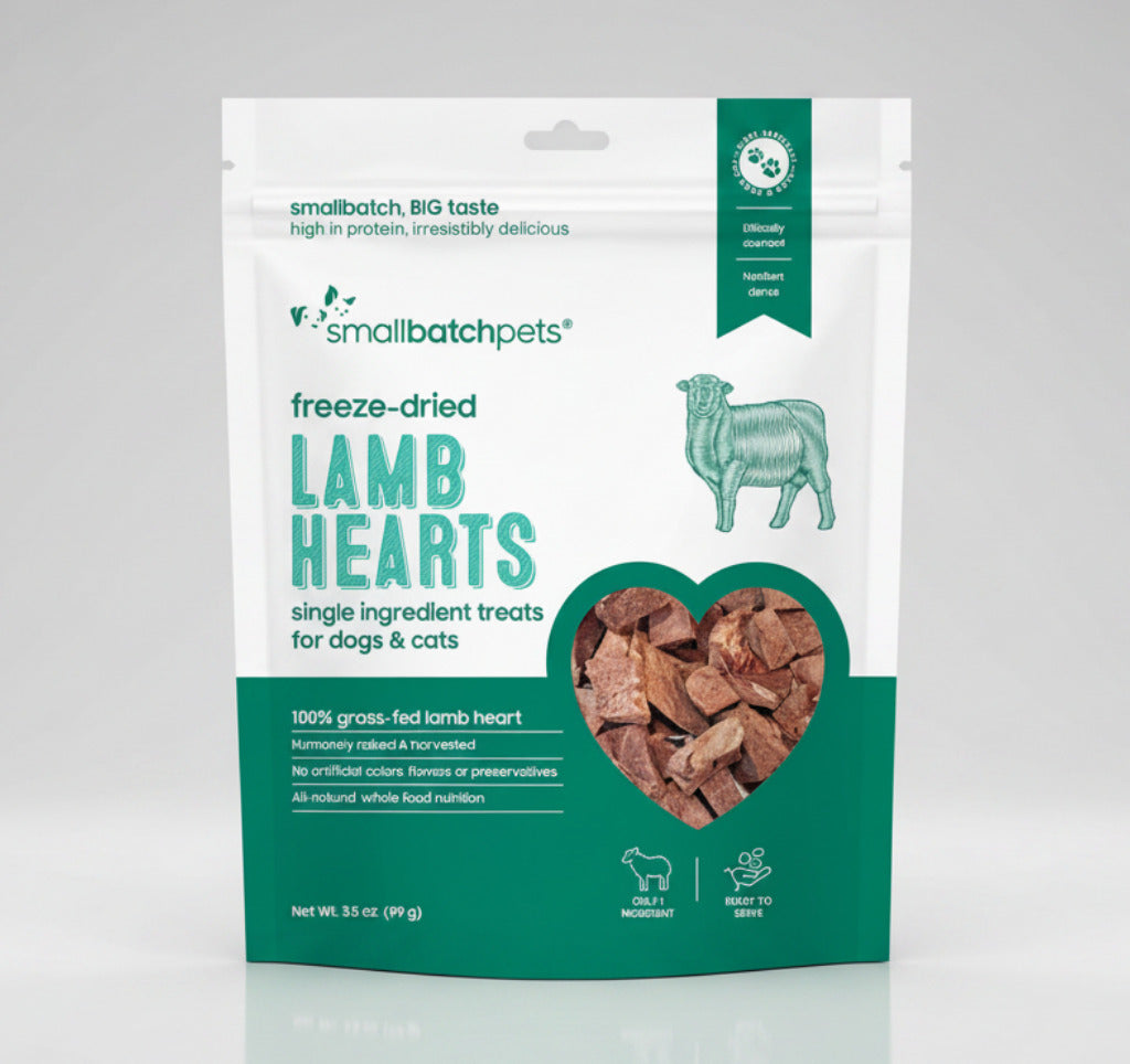 Freeze-dried lamb heart pet treat bag with heart-shaped window and lamb icon