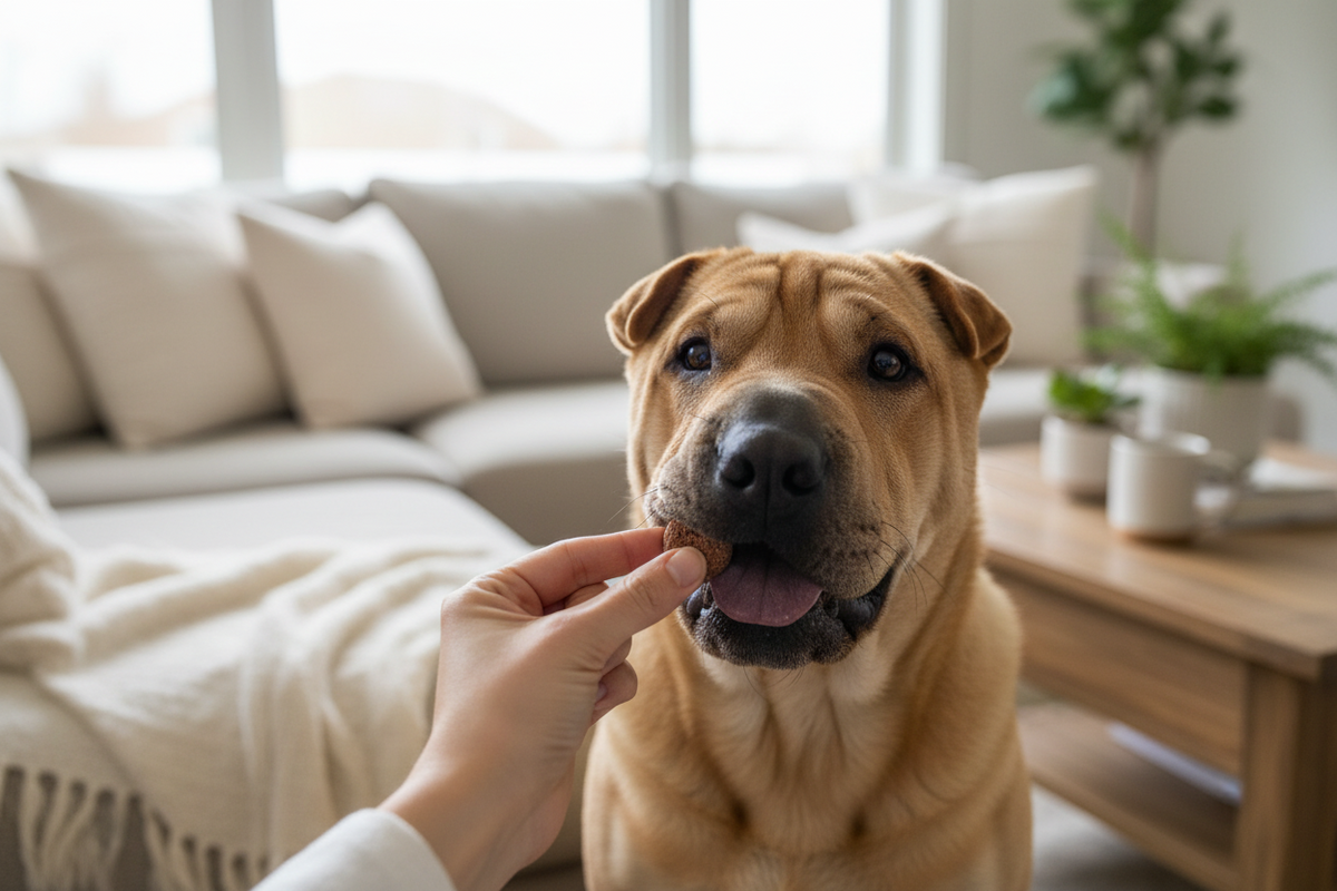 Golden dog licking a freeze-dried treat held by a hand