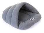 Gray pet cave sleeping bag with rounded opening and embroidered logo patch