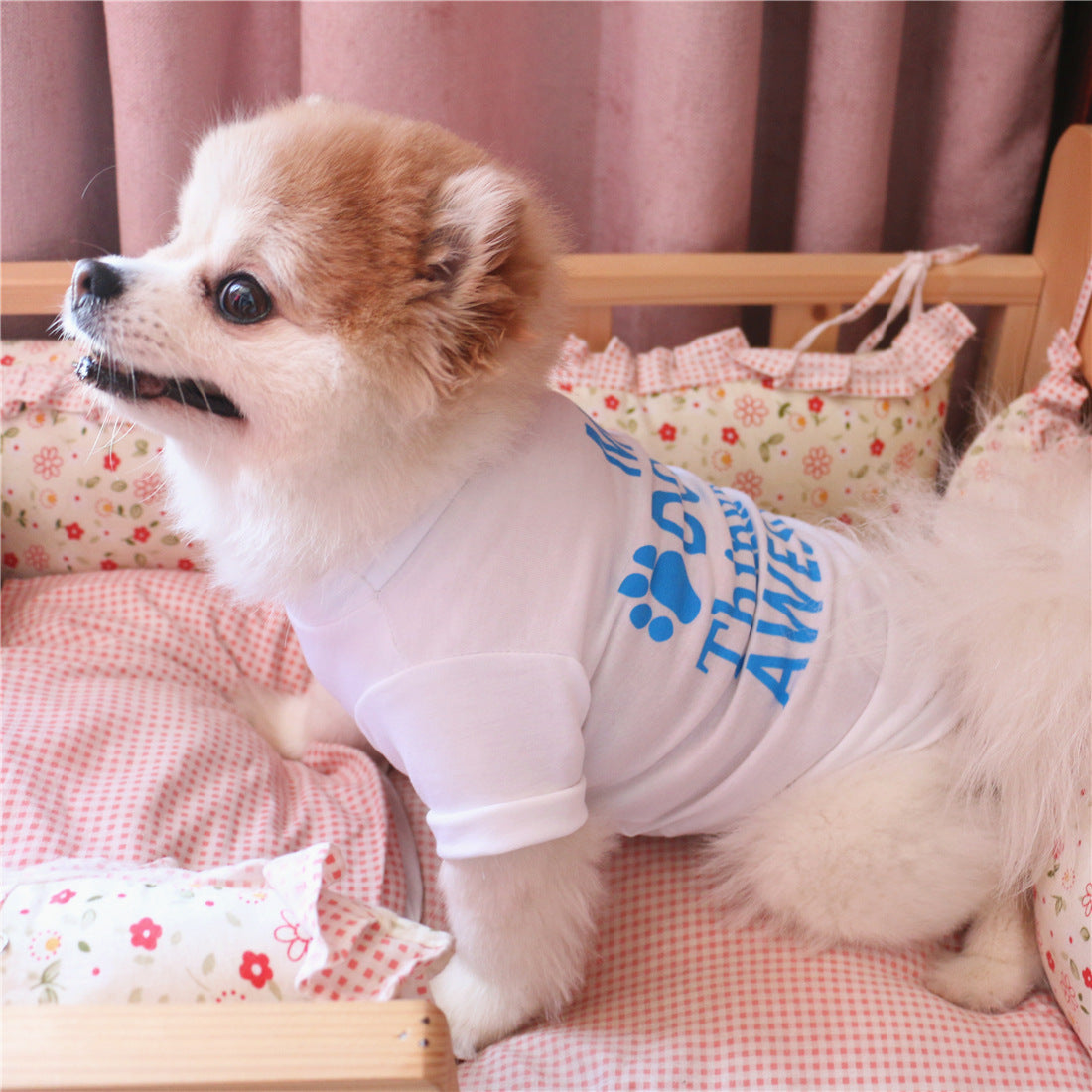White cotton dog summer vest on small dog, with paw print and “My dog” text