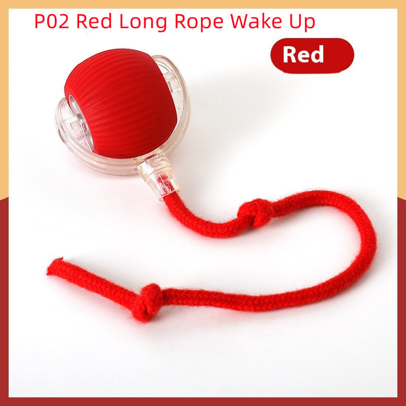 Red cat rolling ball toy with long rope tether and transparent light cover