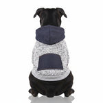 Dog sweater with pocket patch, dark blue hood and light gray knit body
