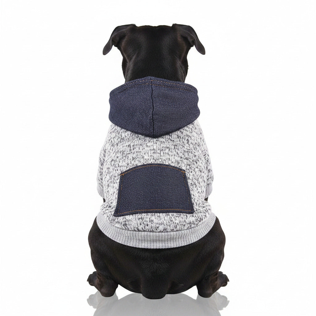 Dog sweater with pocket patch, dark blue hood and light gray knit body