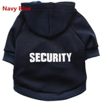 Navy blue fleece security pet sweater with hood and 'SECURITY' chest print
