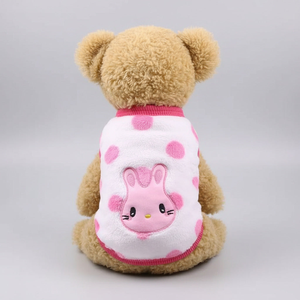 Pet fleece vest in white with pink cartoon animal face and paw prints