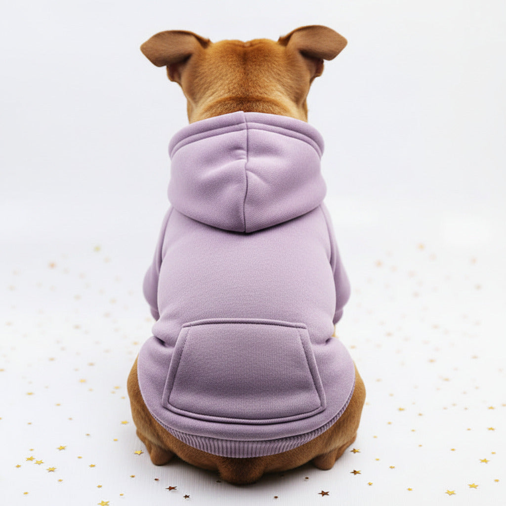 Dog sweater with pocket patch, light purple knit and hood with pouch detail
