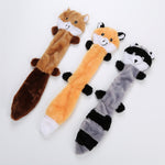 Animal-shaped plush squeaky pet toy, three long designs in tan, orange, and gray