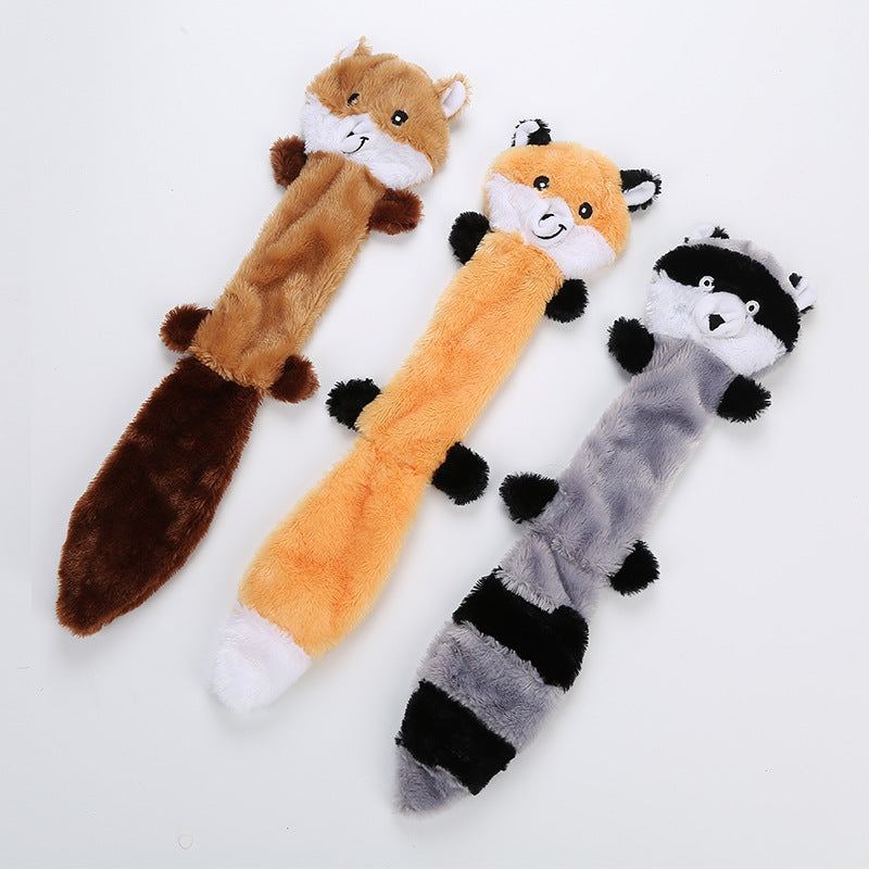 Animal-shaped plush squeaky pet toy, three long designs in tan, orange, and gray