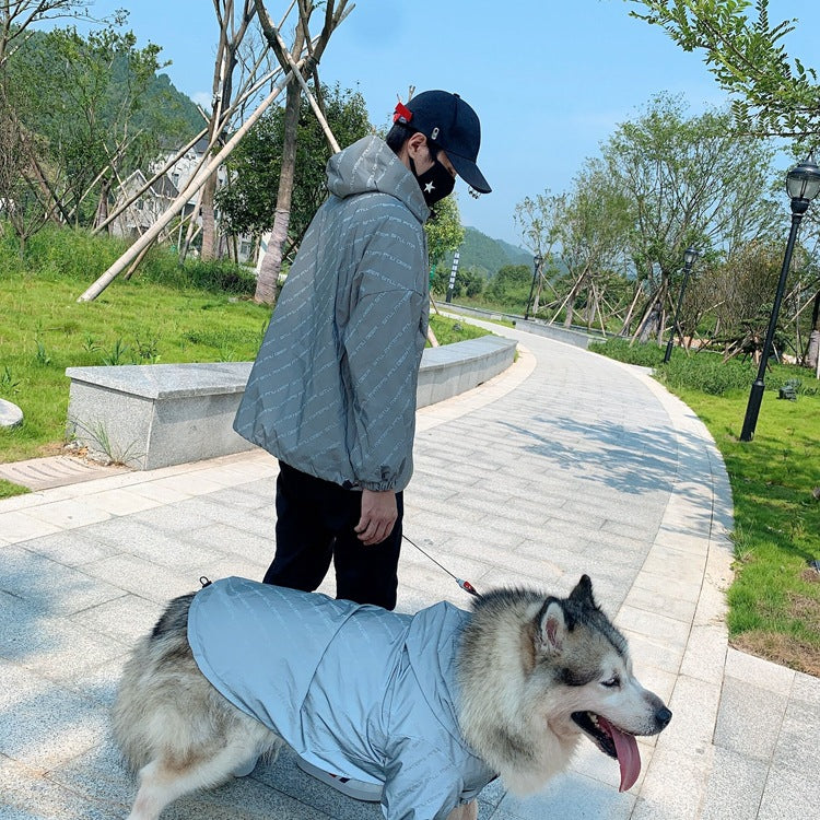 Reflective-letter hooded windbreaker for pet, light gray-blue, full front zip