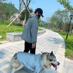 Reflective-letter hooded windbreaker for pet, light gray-blue, full front zip