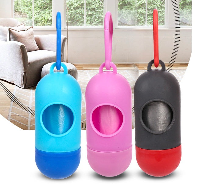 Pet waste bag dispenser holder in blue, pink, and black with carrying loop