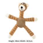 Tan plush bear sound toy with smiling face, striped arms, and outstretched legs