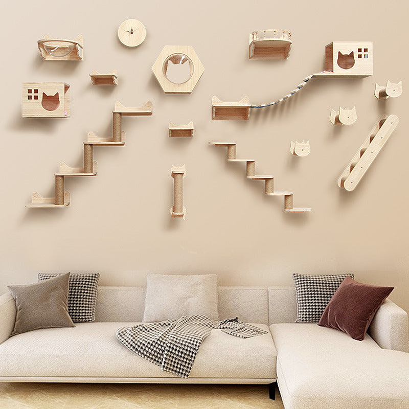 Wall-mounted wooden cat climbing playset with stepped platforms and hanging perches