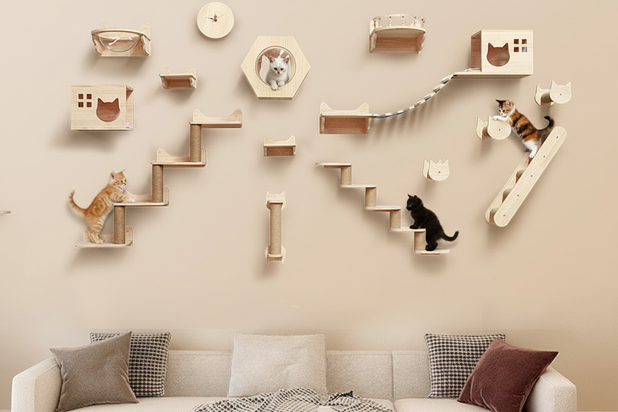 Wall-mounted cat climbing frame set with multiple perches and ramps on wall
