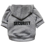 Gray fleece security pet sweater, back view with hood and 'SECURITY' print