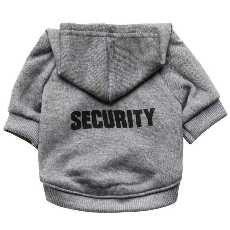 Gray fleece security pet sweater, back view with hood and 'SECURITY' print