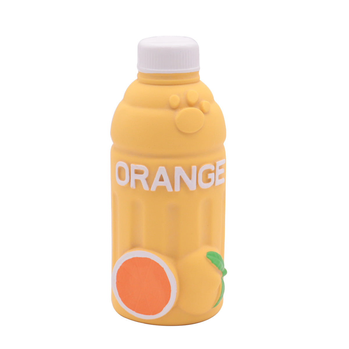 Orange latex squeaky dog toy, yellow-orange bottle with white cap and orange graphic