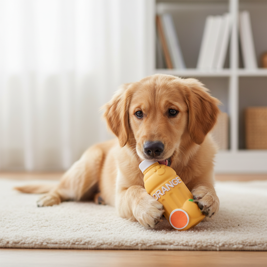 Orange latex squeaky dog toy, yellow-orange bottle with white cap and orange graphic in view