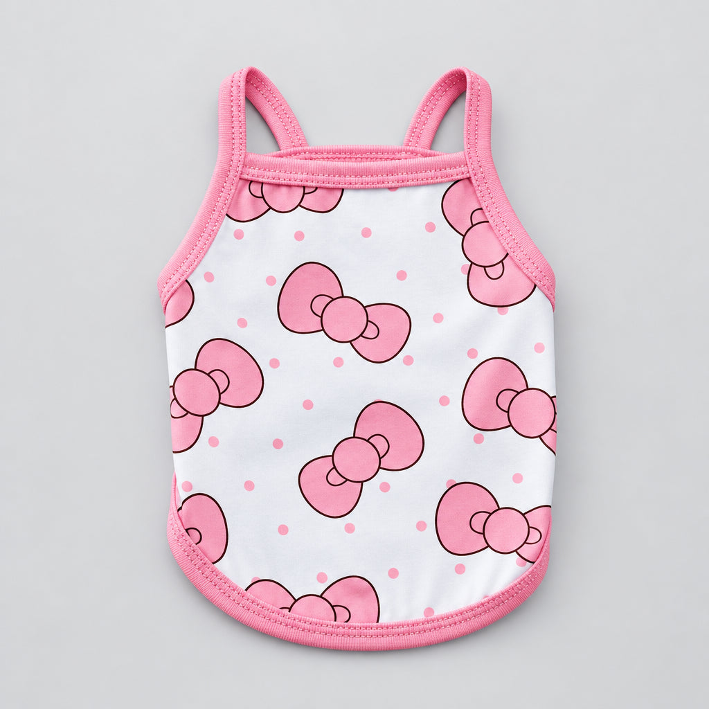 Pink-trim pet tank top with white base and pink bow pattern print on the front.