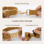 Caramel corduroy dog harness with reinforced stitching, metal buckle, and detachable bowtie