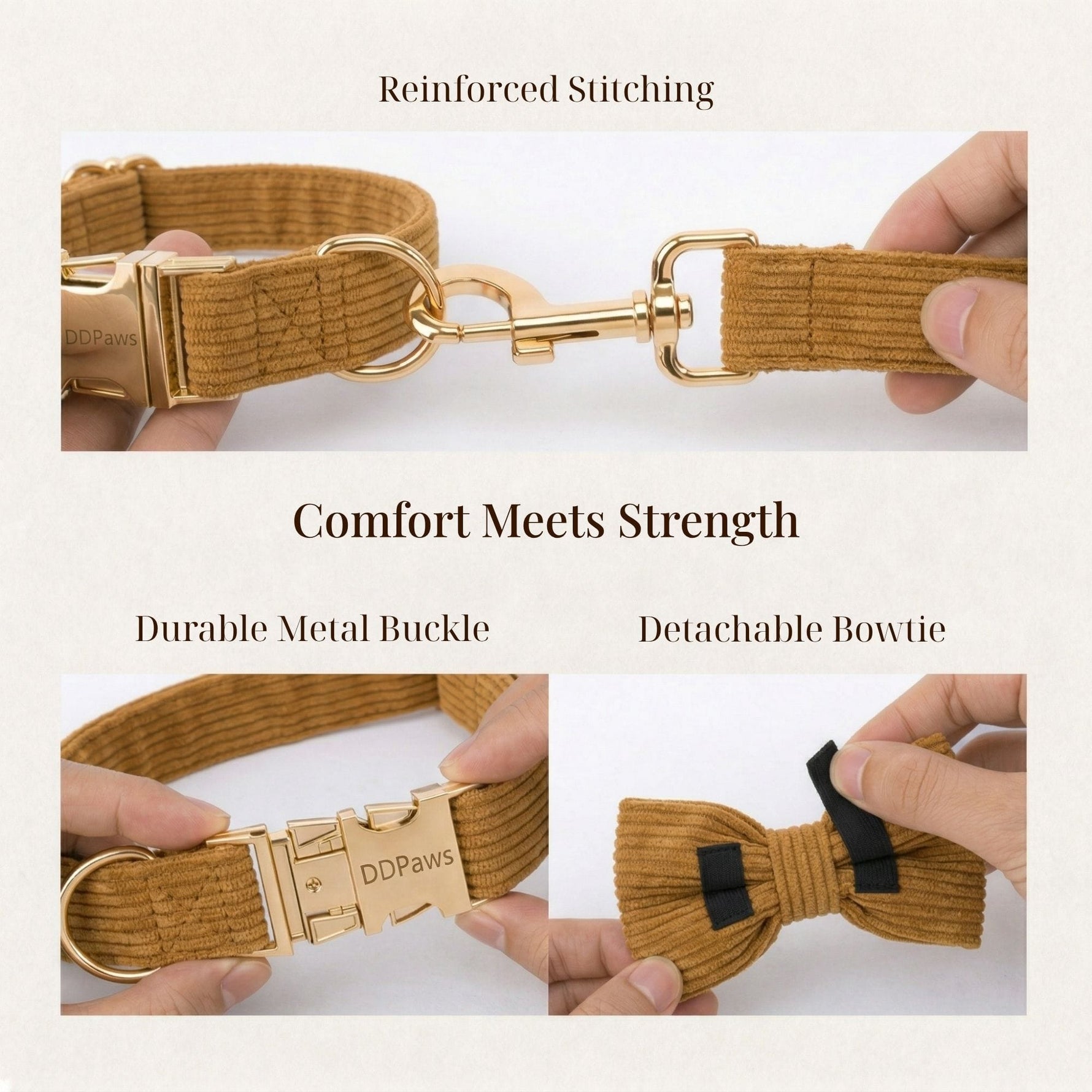Caramel corduroy dog harness with reinforced stitching, metal buckle, and detachable bowtie