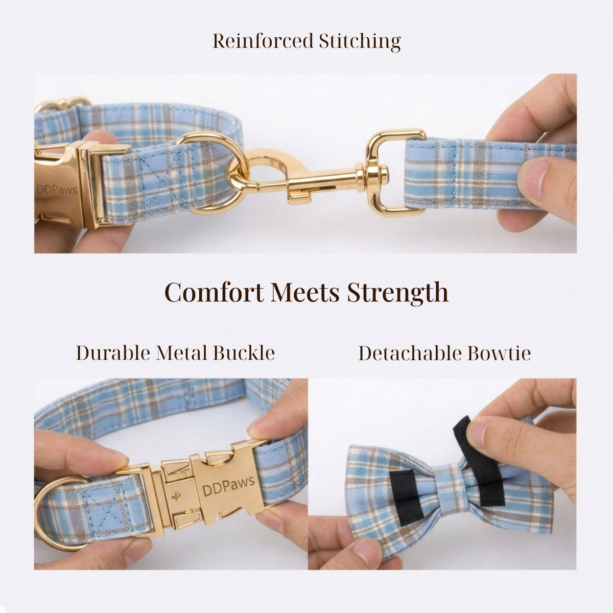 Blue plaid collar set with reinforced metal buckle and detachable bow tie