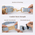 Blue plaid collar set with reinforced metal buckle and detachable bow tie