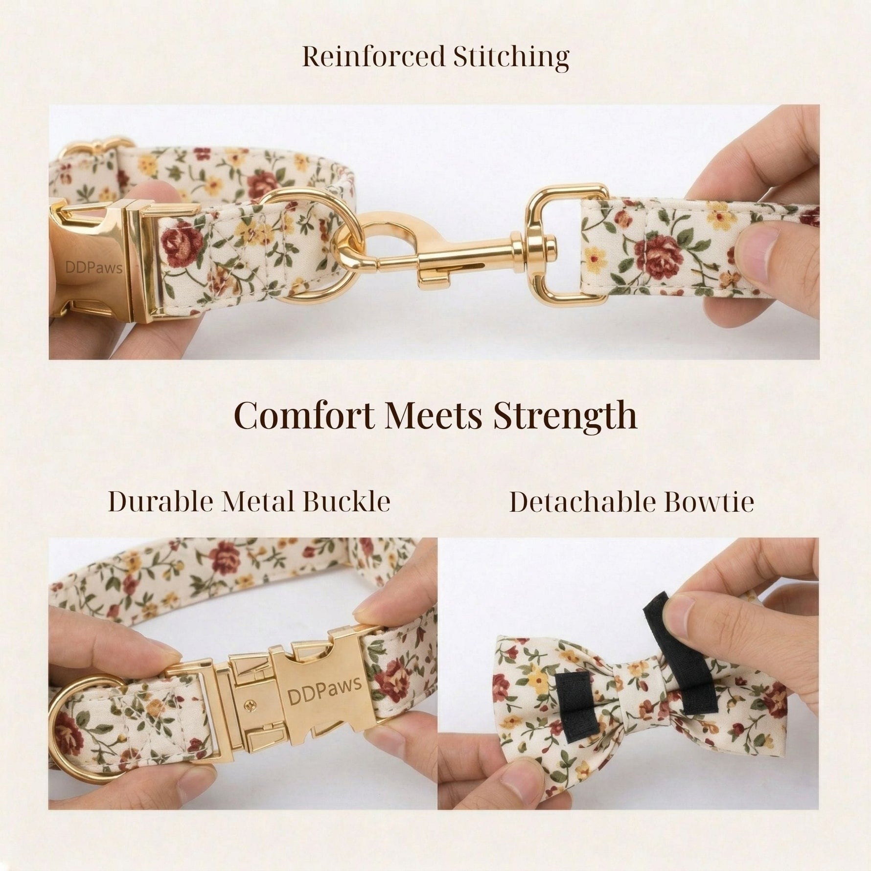 Ivory floral collar and leash set with reinforced stitching and gold metal buckle detail