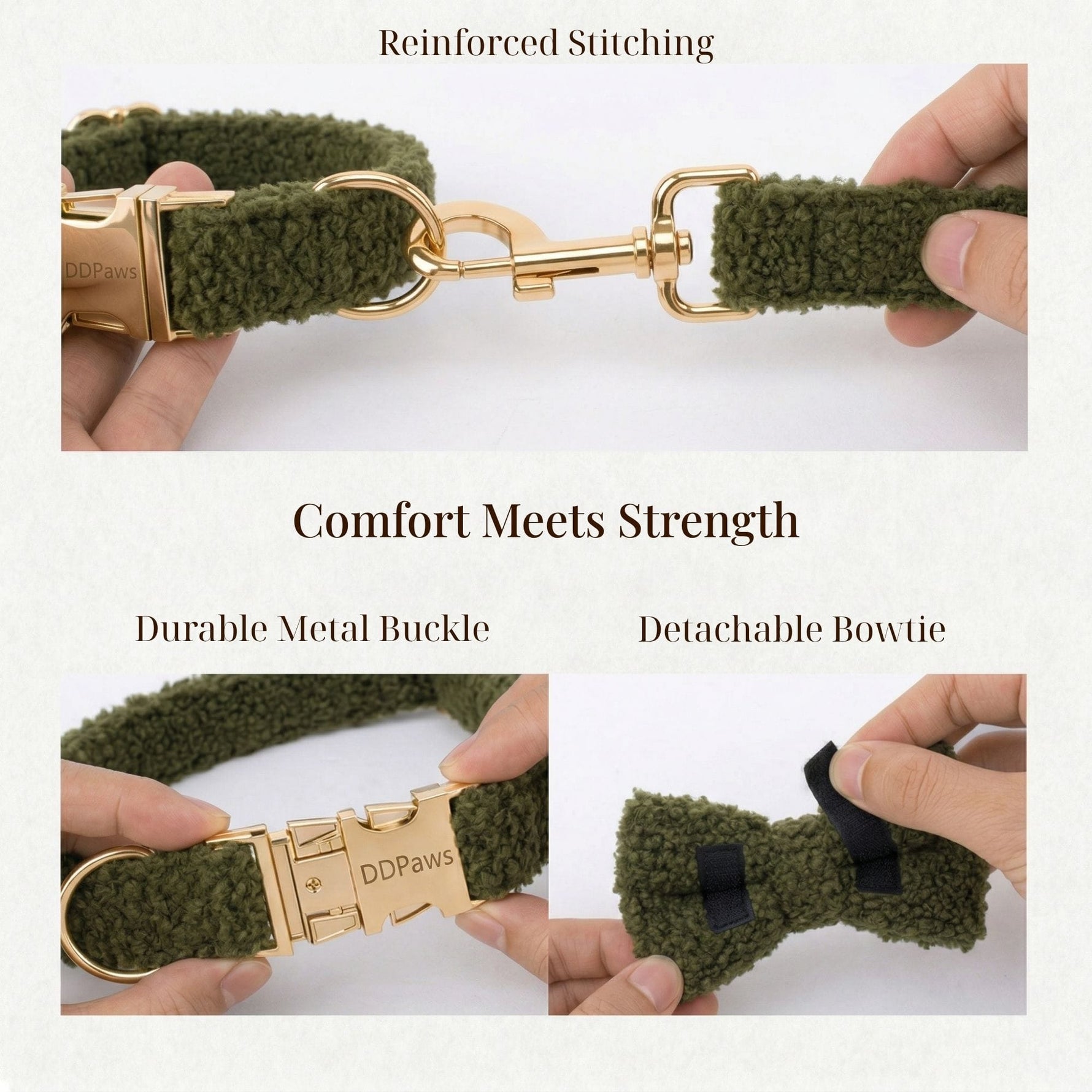 Olive teddy collar with reinforced stitching, detachable bowtie, and gold-tone buckle