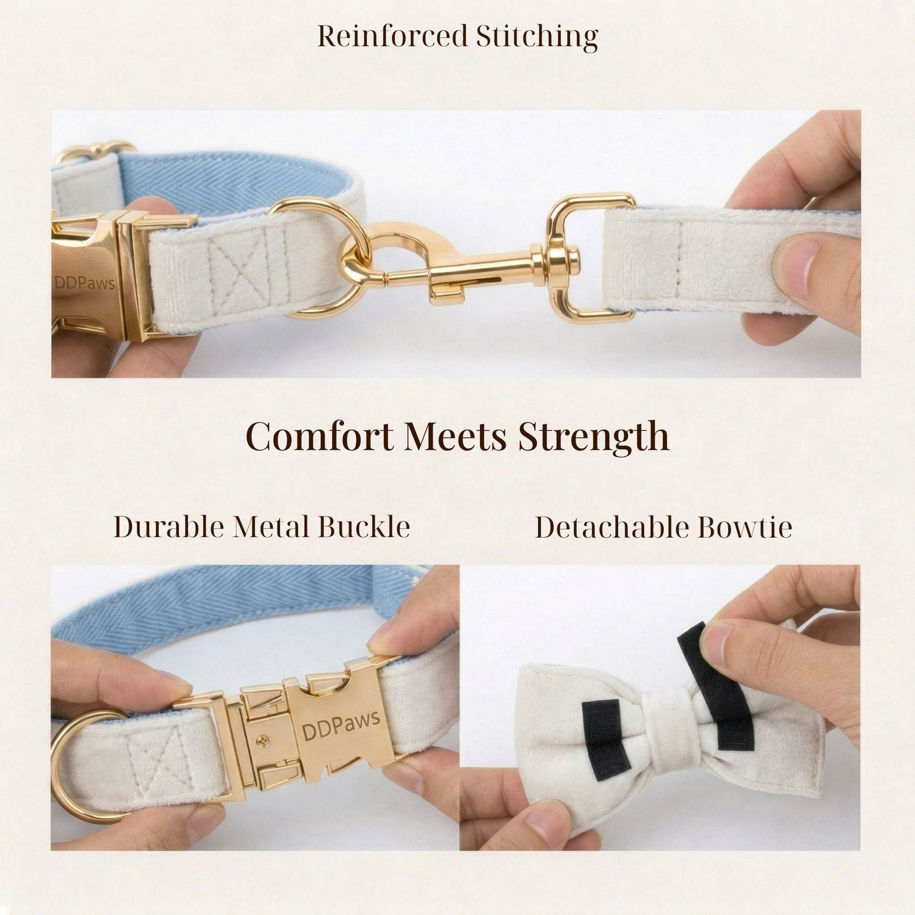 Light blue velvet dog collar close-up with reinforced stitching and gold metal buckle