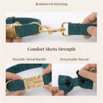 Dark green corduroy collar with reinforced stitching, heavy-duty metal buckle, and detachable bowtie