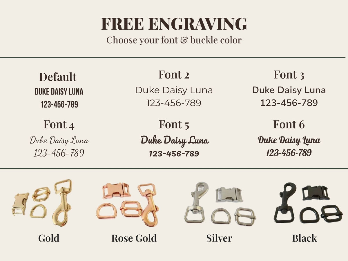 Dog collar engraving and buckle color options: gold, rose gold, silver, black