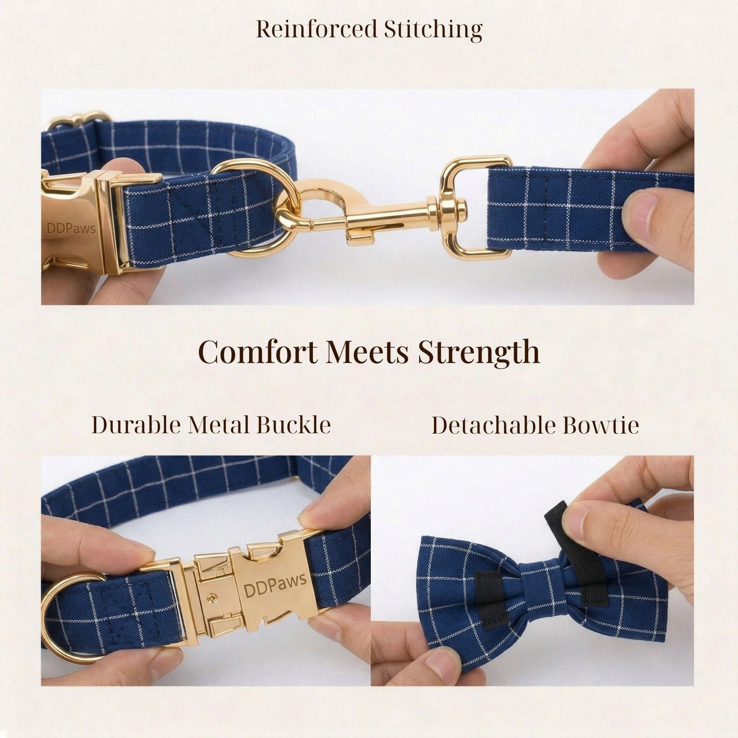Plaid dark blue collar with gold buckle and detachable bowtie