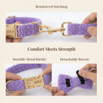 Purple teddy harness and leash with gold metal buckles and reinforced stitching